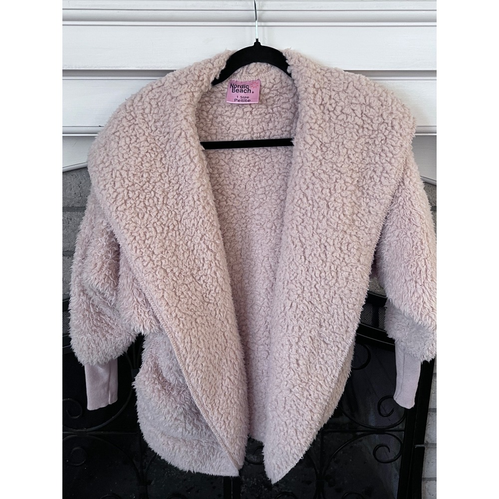 Nordic Beach Cozy Plush Fleece Shawl Collar Cardigan One Size Petite Beige READ‎